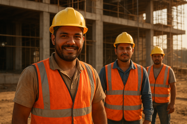 Trabalhadores da construcao civil brasileiros com capacetes e coletes de seguranca