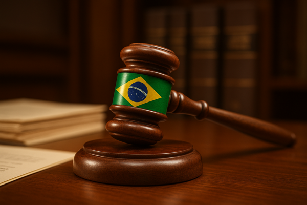 Martelo de juiz sobre mesa com documentos legais sobre proibicao do amianto no Brasil