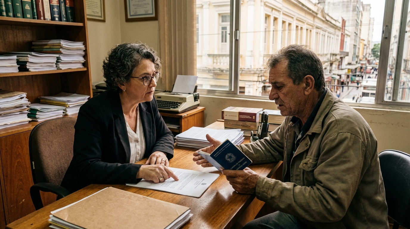 Documentos e provas sendo organizados para processo judicial por exposição ao asbesto