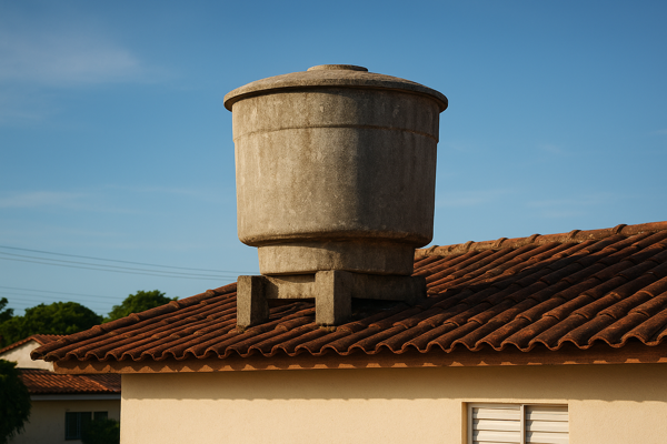 Caixa dagua de amianto cinza no topo de casa brasileira