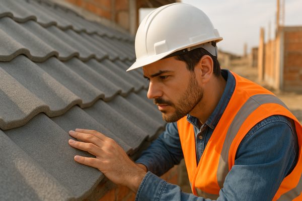 Inspetor de construcao examinando telha para identificar amianto