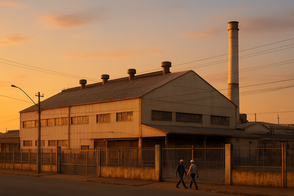 Fabrica industrial brasileira com telhado de amianto e trabalhadores