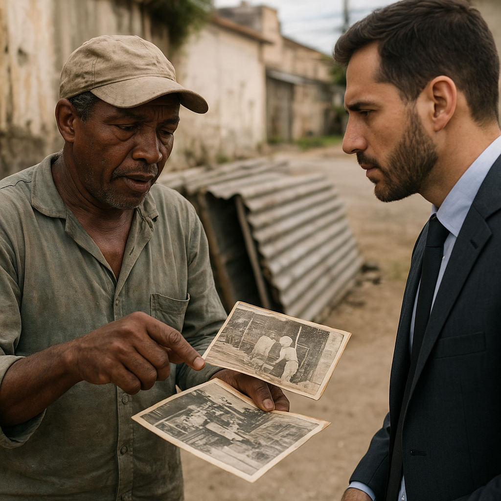 Trabalhador informal brasileiro mostrando fotos antigas de trabalho com amianto a advogado