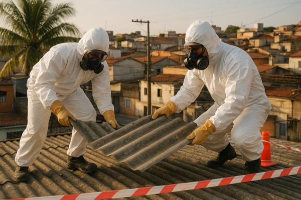 Trabalhadores em trajes de protecao removendo telhas de amianto com seguranca
