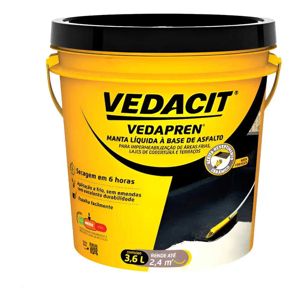 Manta Liquida Vedapren Preto 3,6 L Vedacit Laje Banheiro Coz